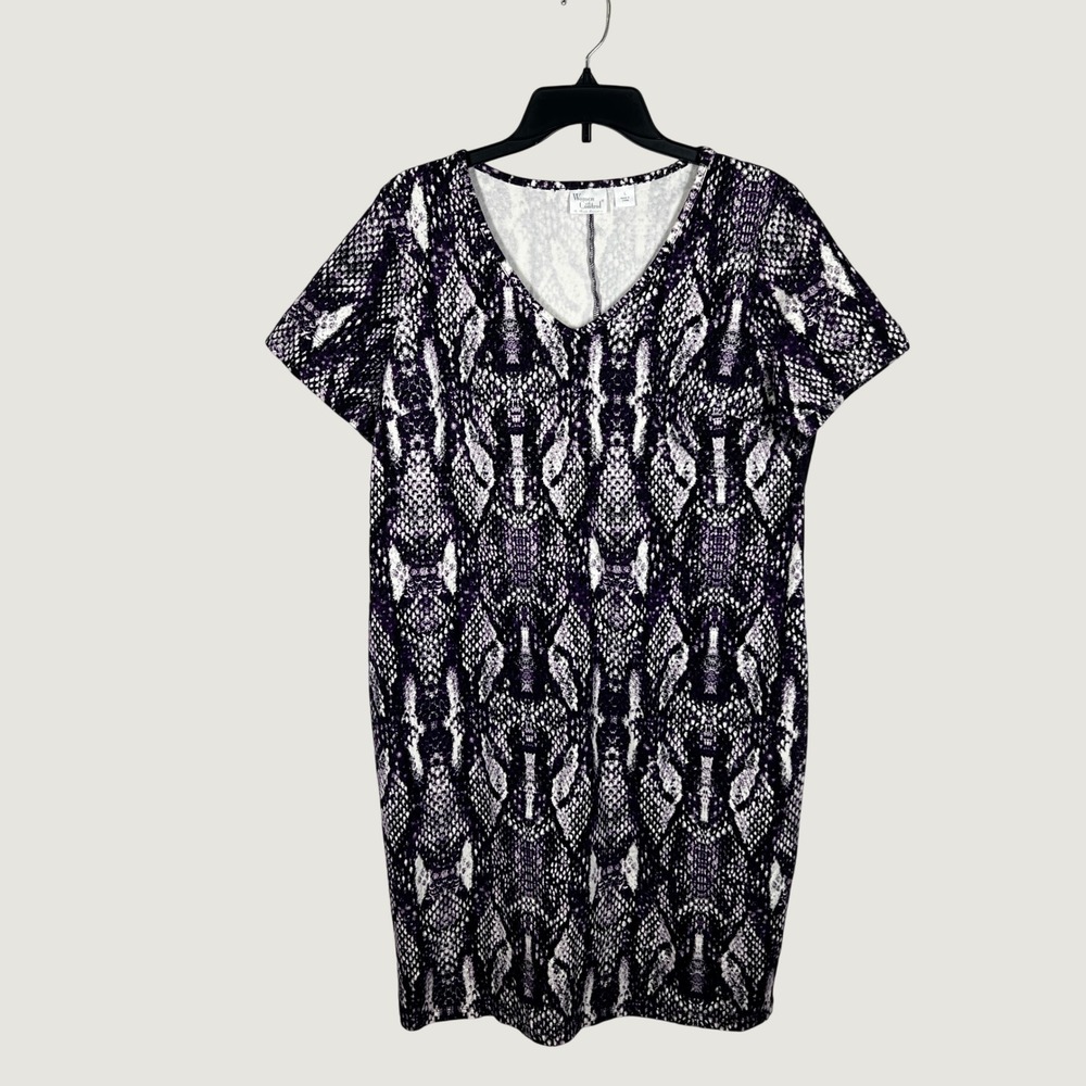 Women with Control T-Shirt Dress Womens L Purple Snakeskin V-Neck Short Sleeve